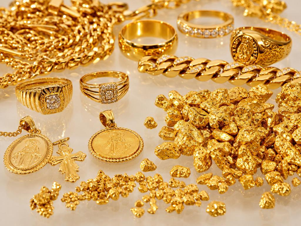 Assorted scrap gold jewelry, chains and rings ready to be weighed at Gold King in Houston